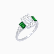 Art Deco Inspired Emerald Cut Three-Stone Ring with Tapered Baguettes - Shahin Jewelry
